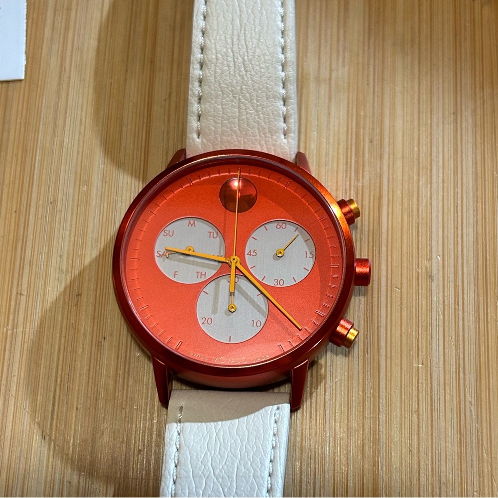 Movado FACE Watch With 43mm Orange Red Tone Chronograph Face &Cream Leather Band - Picture 6 of 9